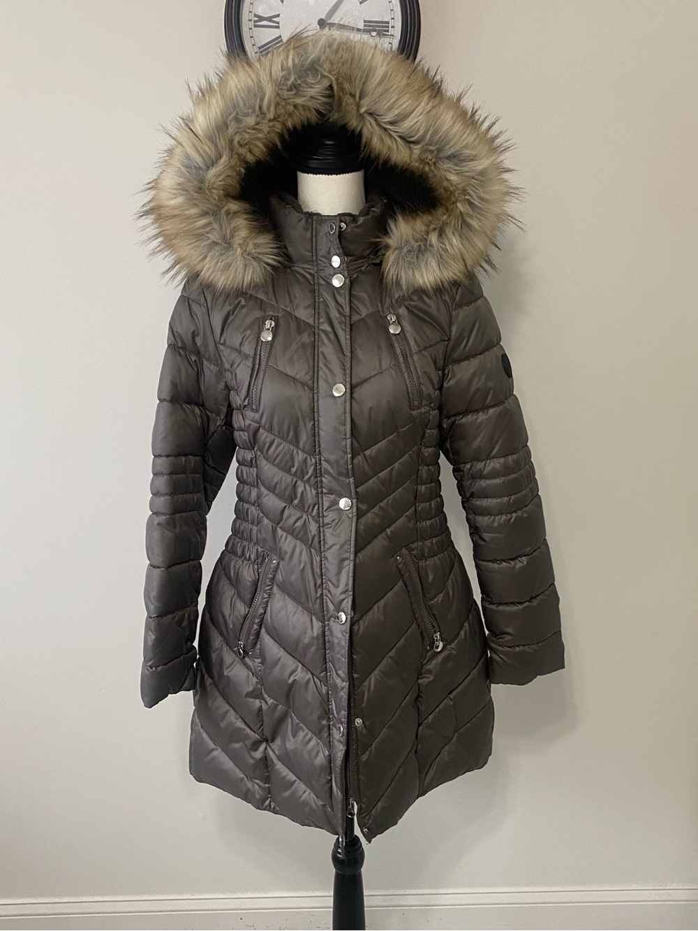 Laundry Faux Sherpa Hooded Cinched Waist Puffer Coat